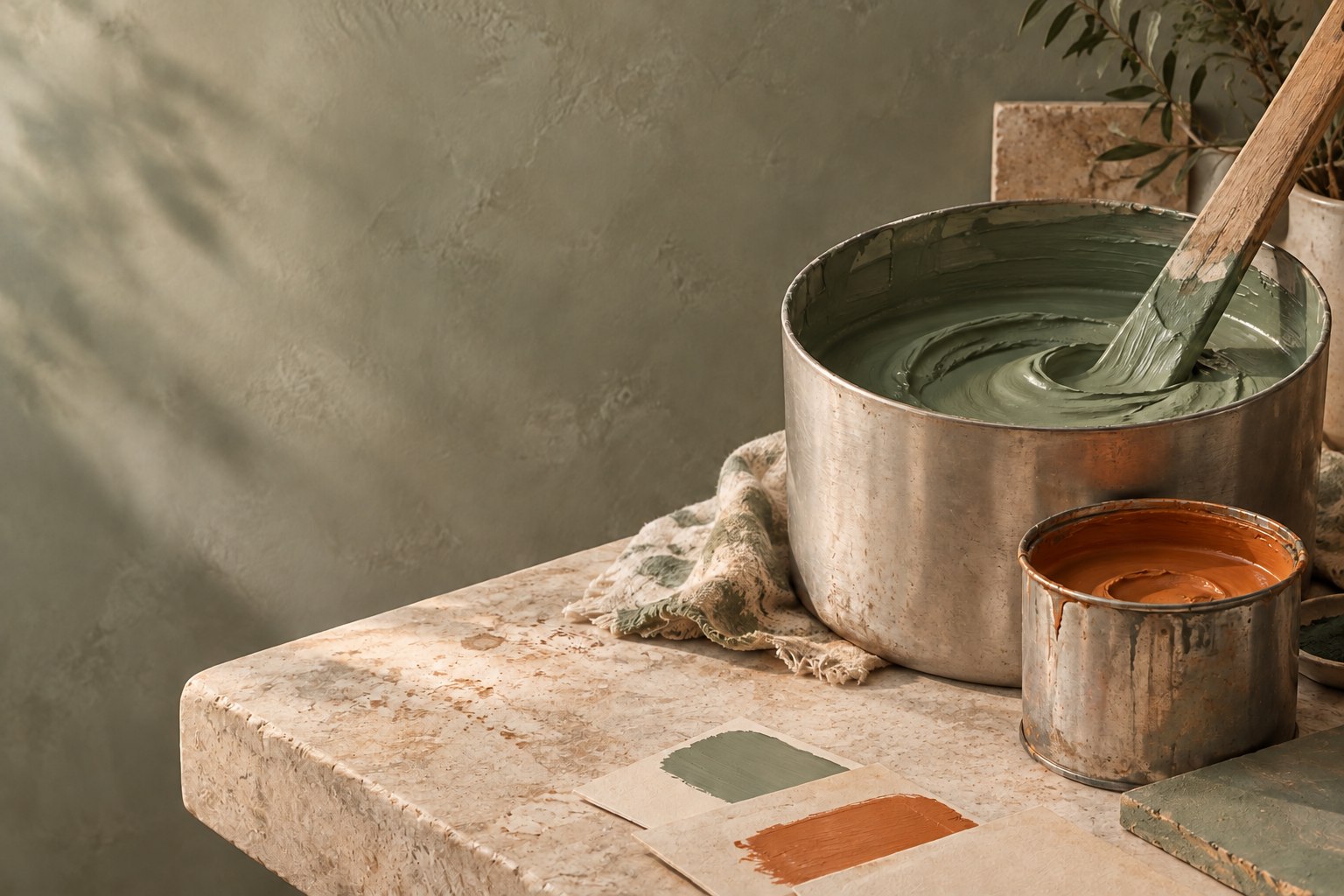 Sfeerbeeld van het mengen van verf: saliegroene verf, warm oranje verf en kleurstalen